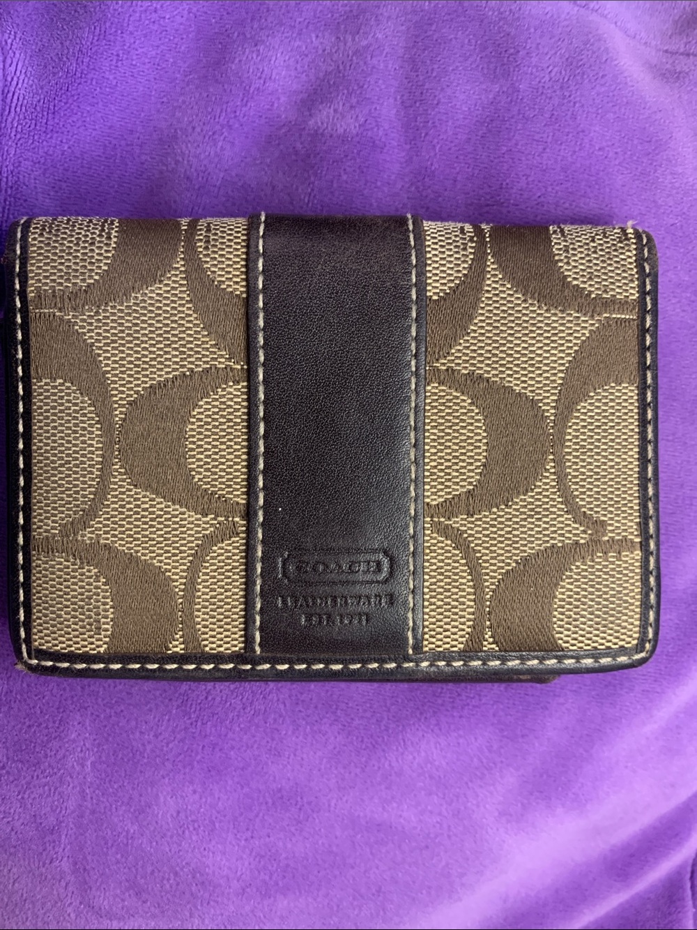 Coach Brown Signature Canvas Wallet with Dark Brown Leather Stripe